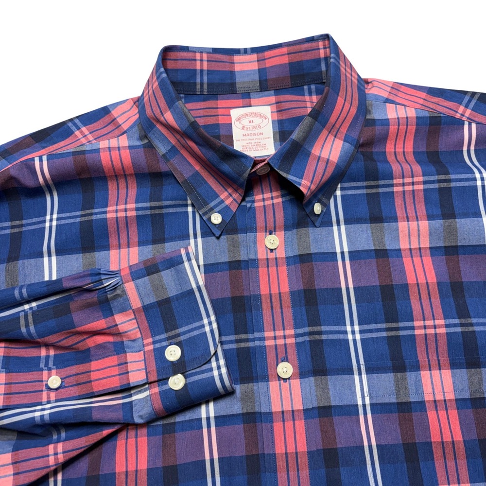 Brooks Brothers Madison Non-Iron Supima Cotton Plaid Shirt Mens XL Blue Pink